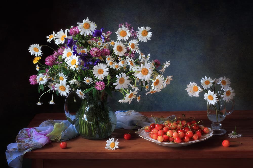 Fresh Daisies and Cherries by Tatyana Skorokhod — canvas wall art