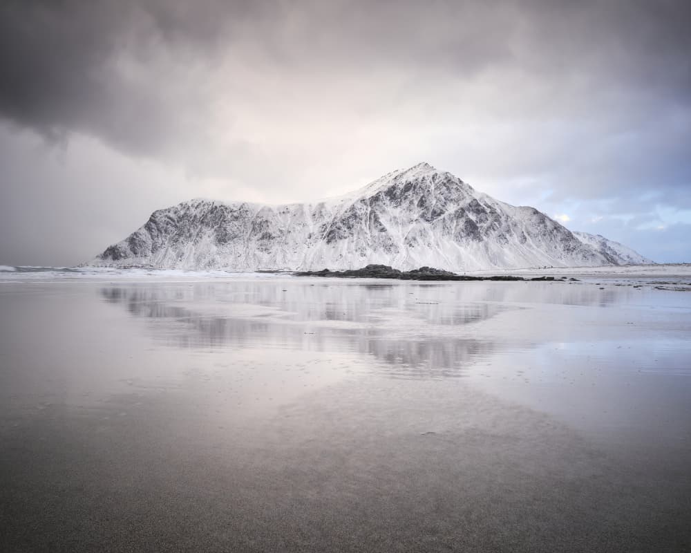 Snowy Mountain Beach Reflections by Hamed Bank — canvas wall art