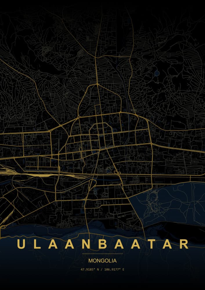 Golden Ulaanbaatar Map by HUGO — canvas wall art