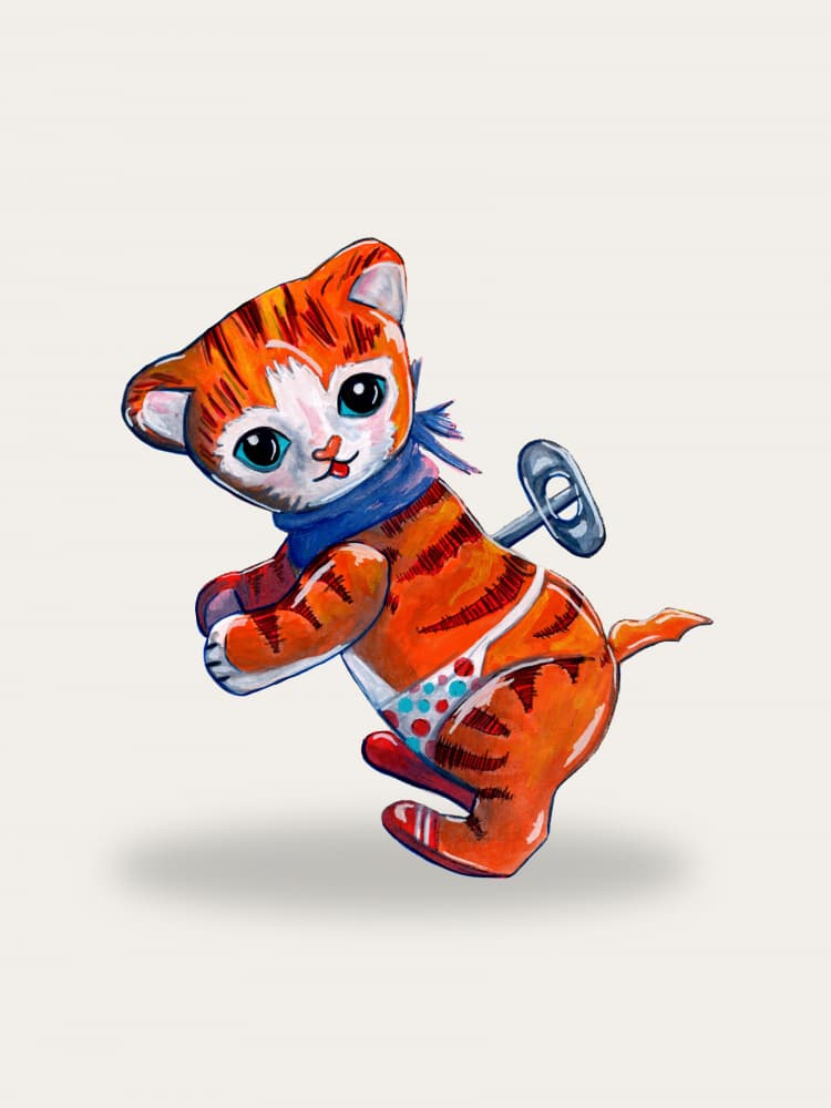 Cute Wind-Up Kitten by Renee Machan Cottagecore Artist — canvas wall art