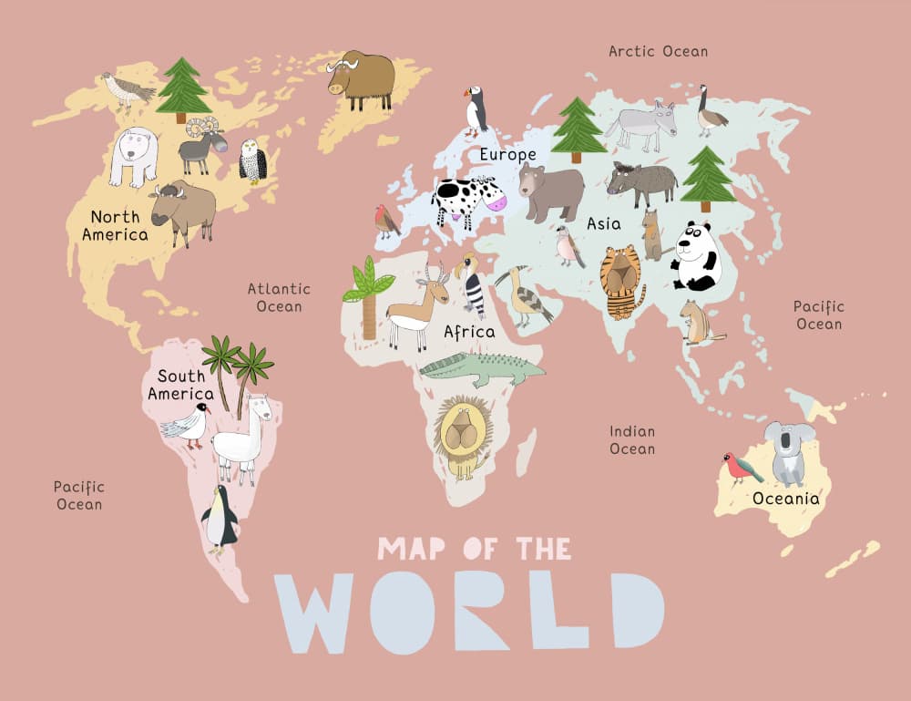 Cute Animal World Map by Carla Daly — canvas wall art