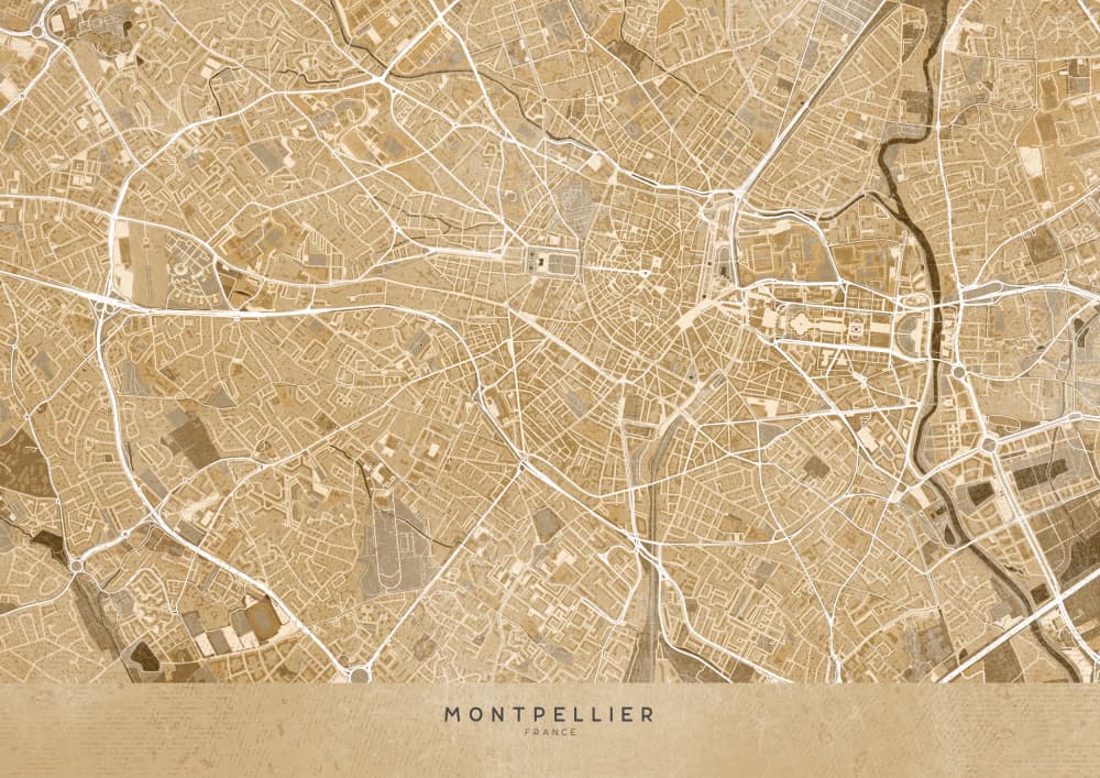 Golden Montpellier City Map by Rosana Laiz Blursbyai — canvas wall art