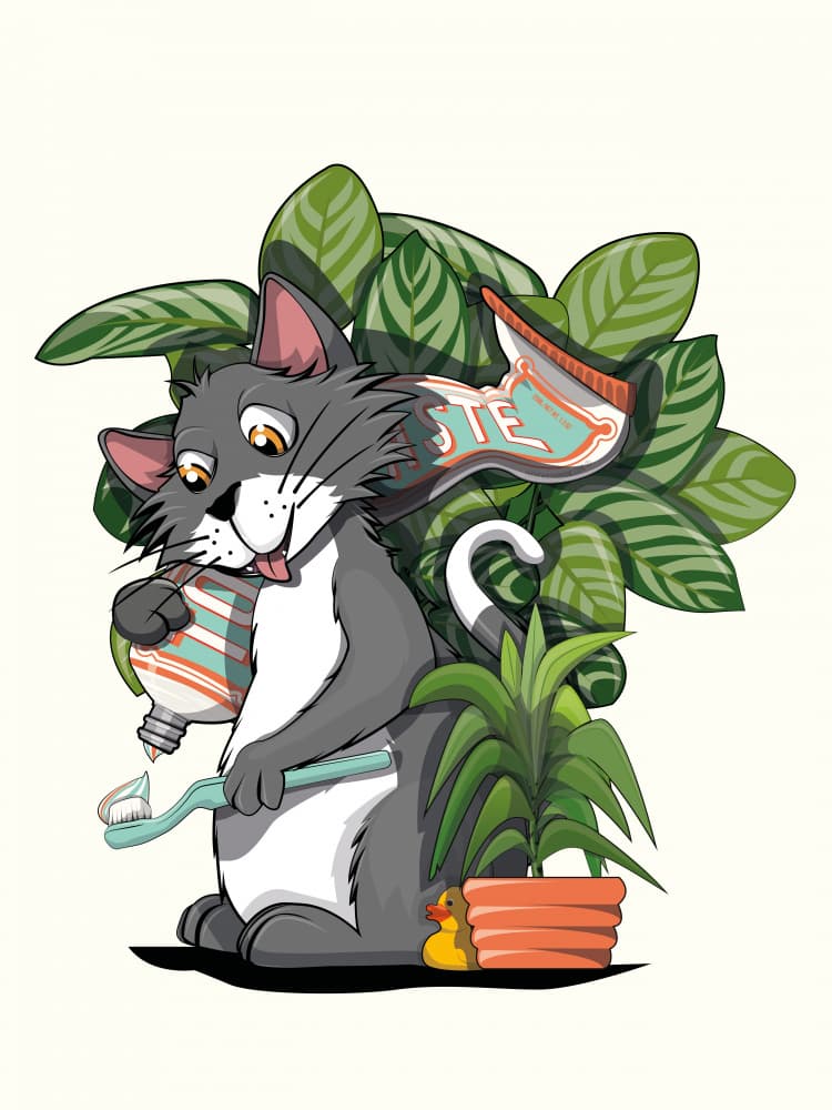 Playful Cat Brushes Teeth by In The Washroom — canvas wall art