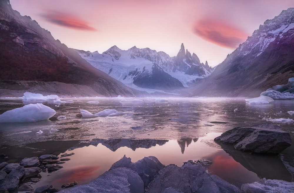 Pink Sky Mountain Reflection by Yun Thwaits — canvas wall art