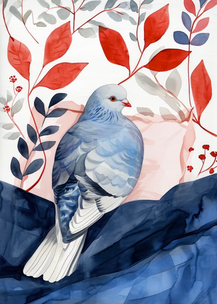 Blue Dove Red Leaves by Justyna Jaszke — canvas wall art