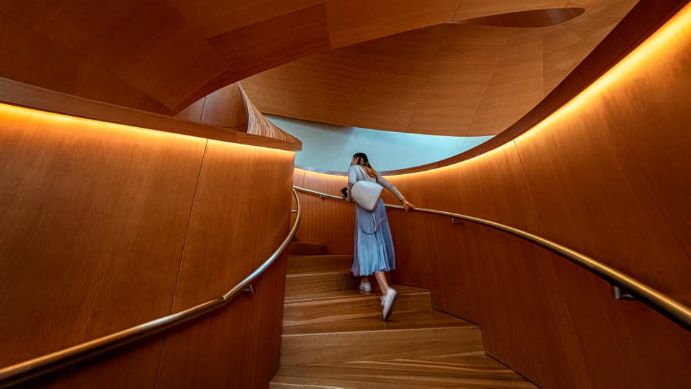 Woman Ascending Wooden Stairs by Steven Zhou — canvas wall art