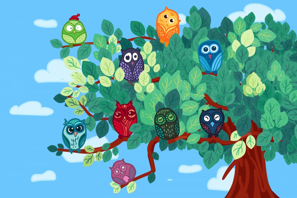 Colorful Owls Tree by Marika Barsrsind β canvas wall art