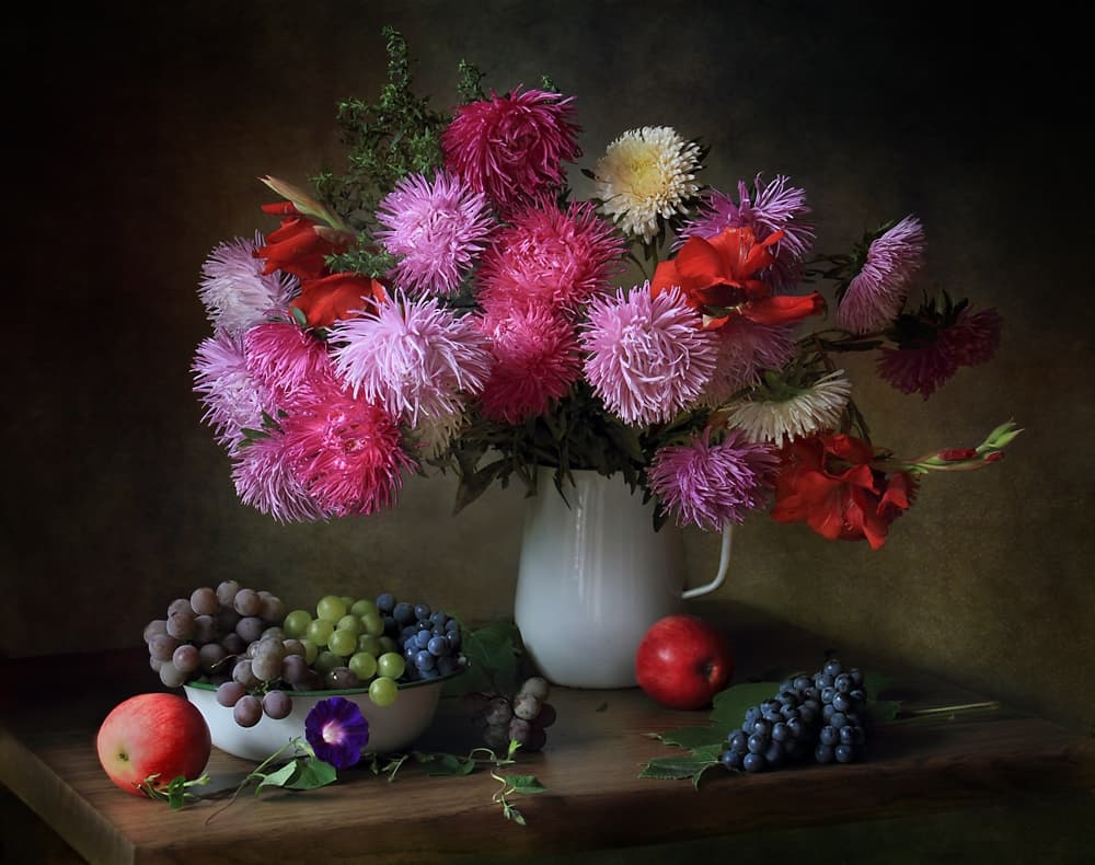 Vibrant Asters and Fruit by Tatyana Skorokhod — canvas wall art