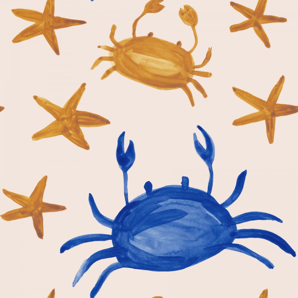 Blue Crabs Golden Starfish by Irene Demetri — canvas wall art