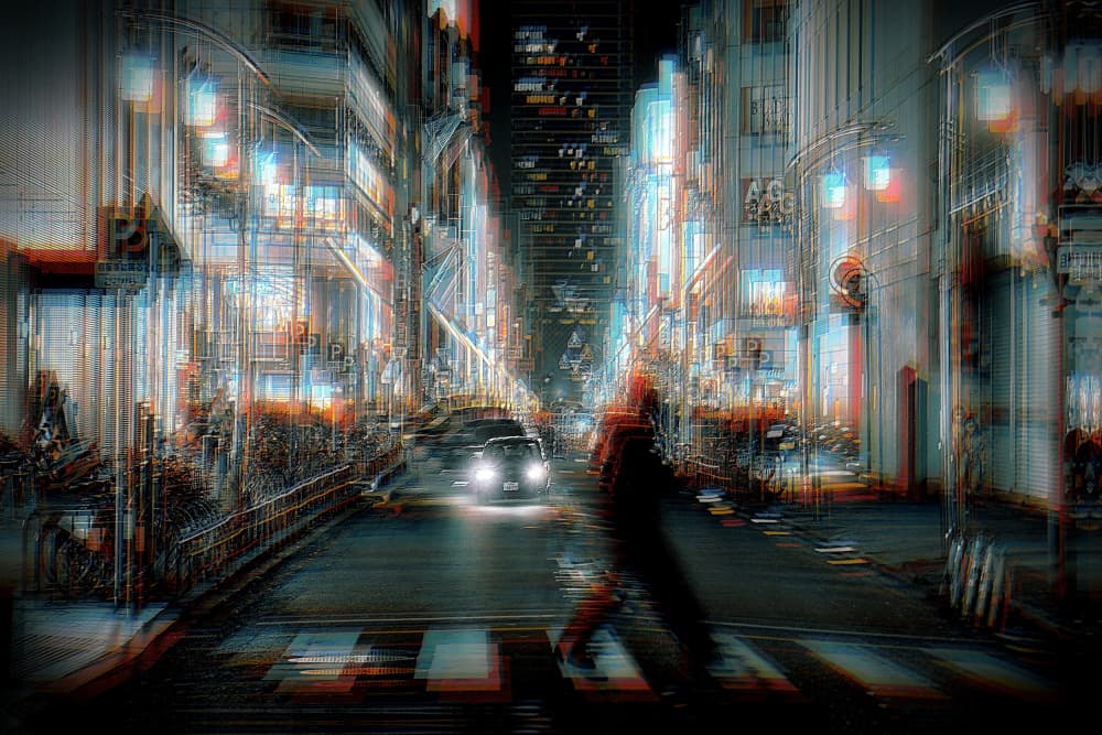 Neon City Street Blur by MingLun Tsai (蔡明倫) — canvas wall art