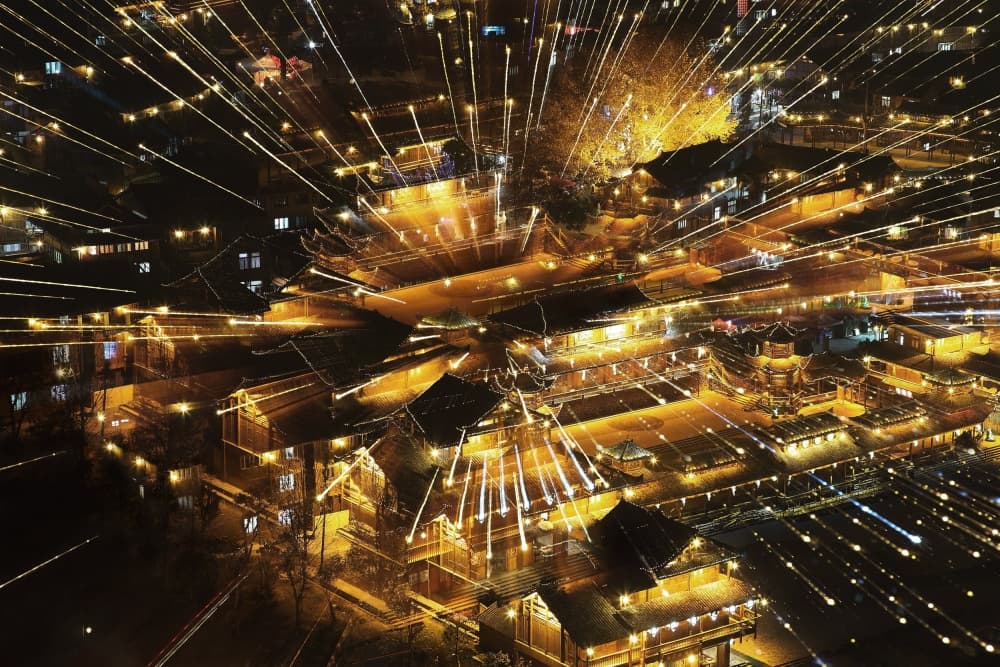 Golden City Light Trails by BJ Yang — canvas wall art