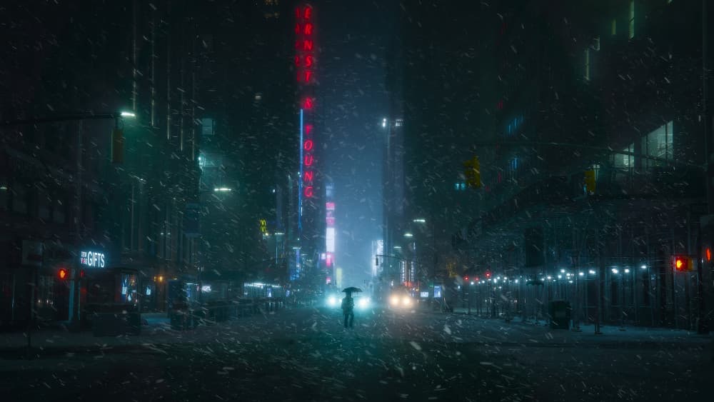 Lonely City Snowfall by Javier de la Torre — canvas wall art