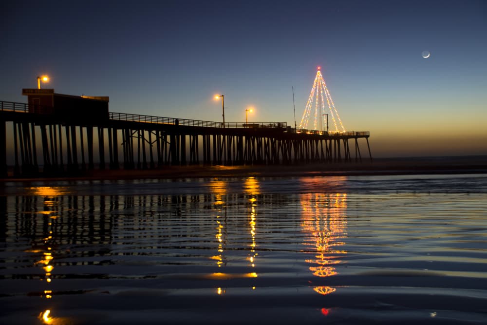Coastal Christmas Pier Reflections by Tim Mossholder — canvas wall art