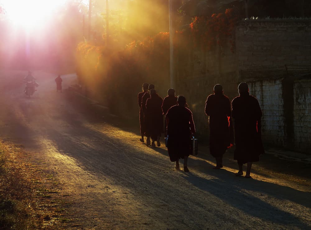 Monks Walking Golden Light by Giorgio Pizzocaro — canvas wall art