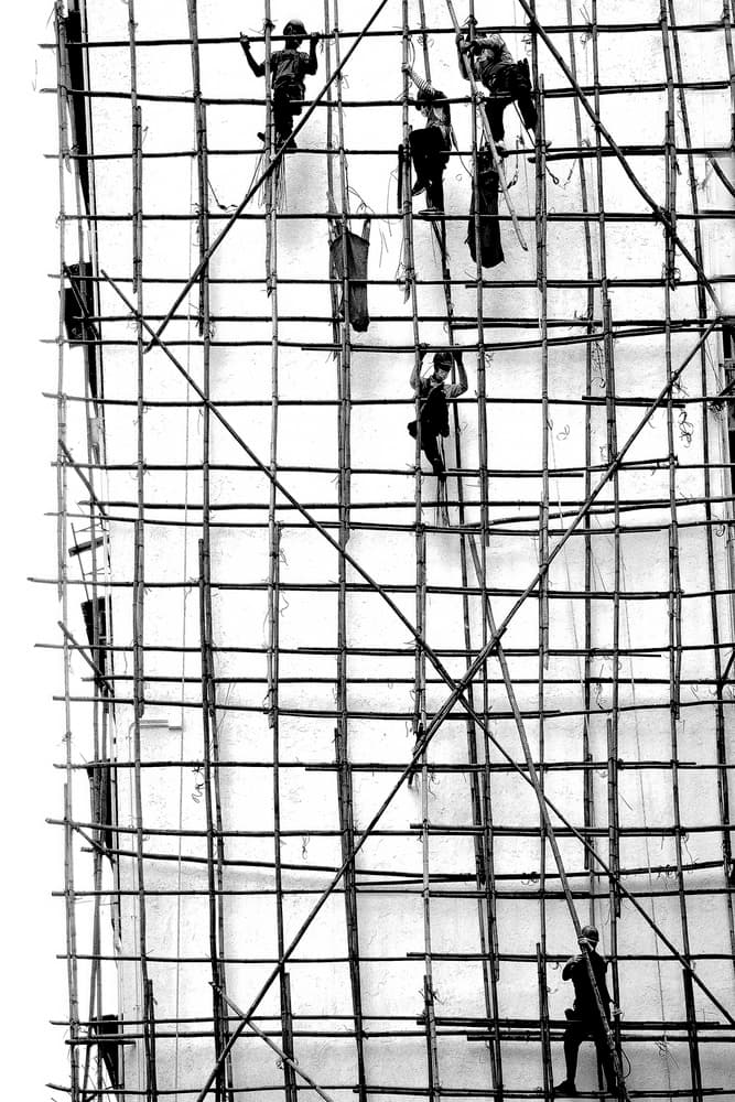Bamboo Scaffolding Workers by Mozart Chan — canvas wall art