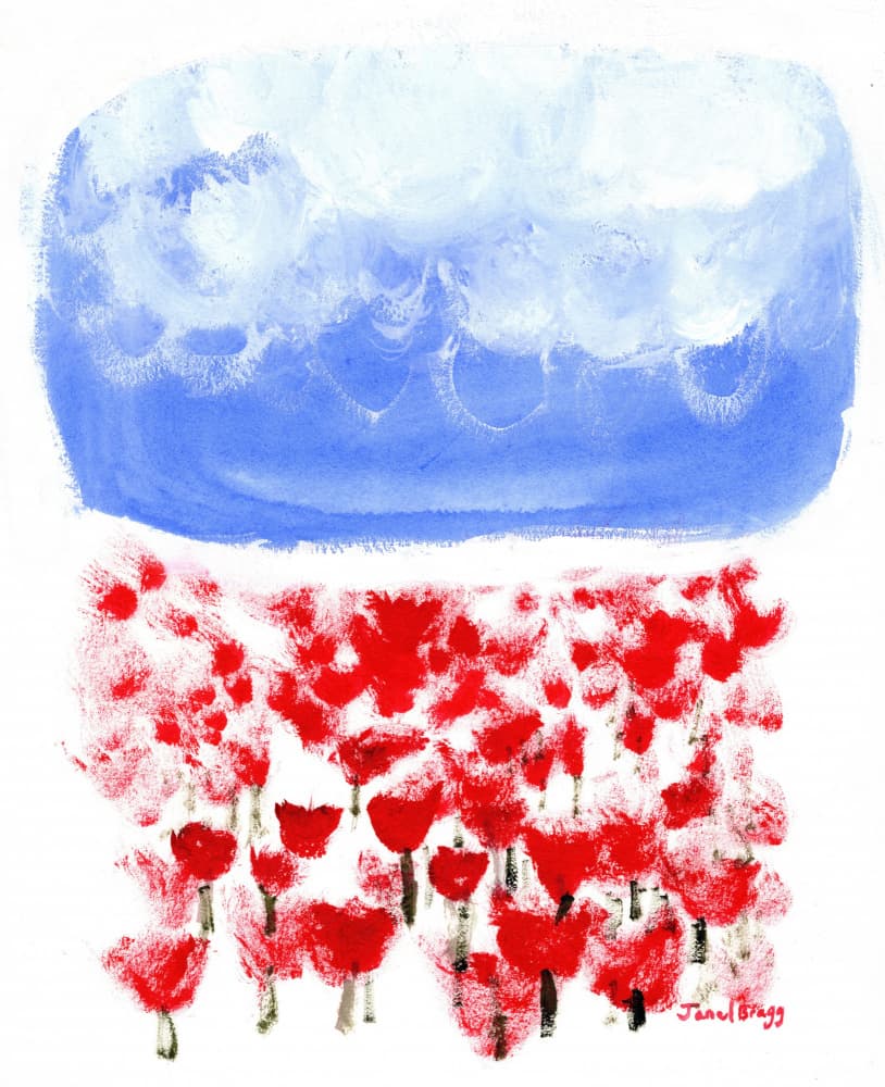 Red Flowers Blue Sky by Janel Bragg — canvas wall art