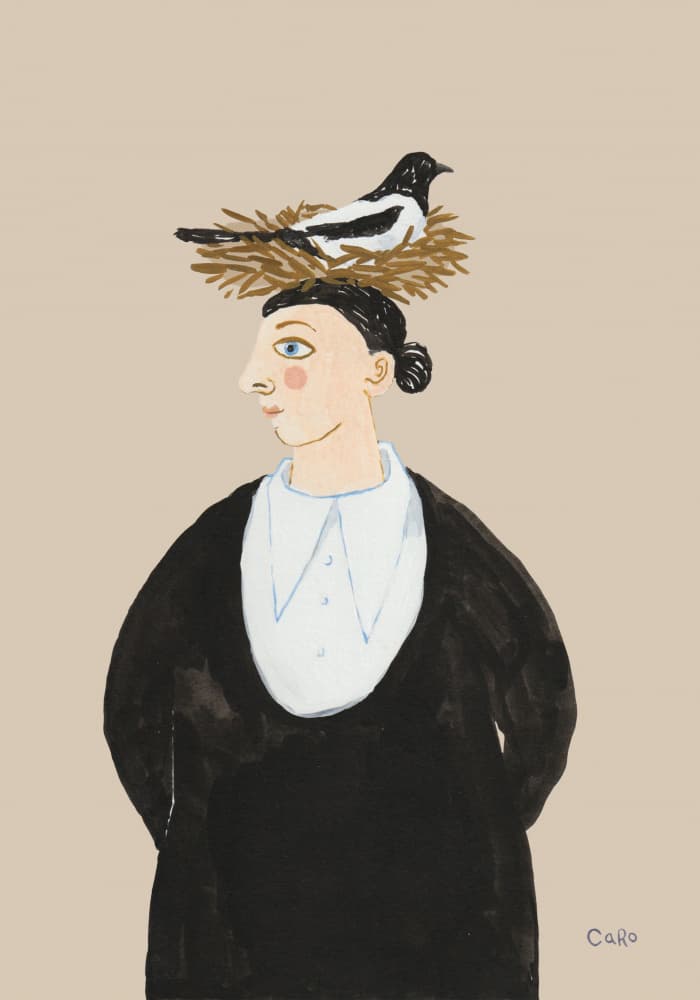 Whimsical Woman With Magpie by Caroline Roberts — canvas wall art