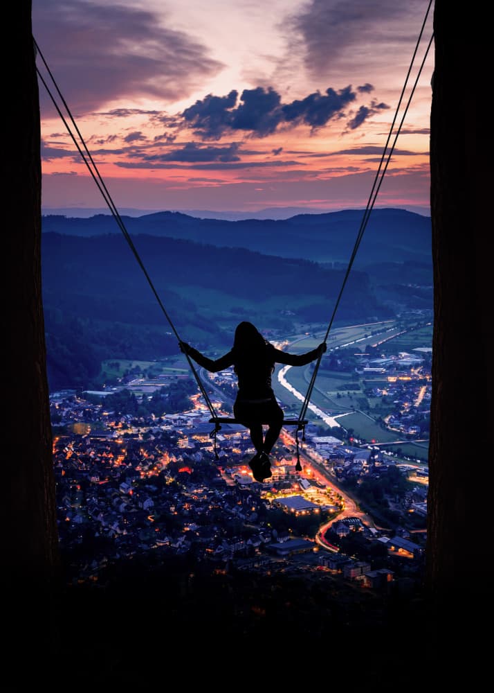 Swinging Above City Lights by Ariz Rab — canvas wall art