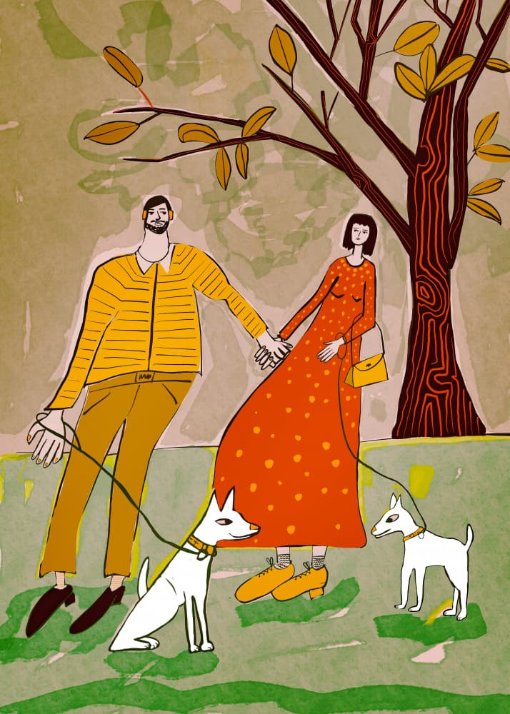 Couple and Dogs Walking by Sharyn Bursic — canvas wall art