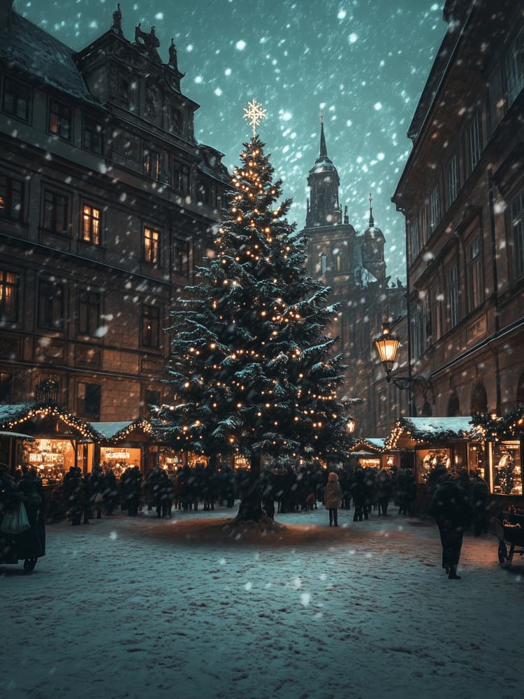 Snowy Christmas Market Night by Jolly and Dash — canvas wall art
