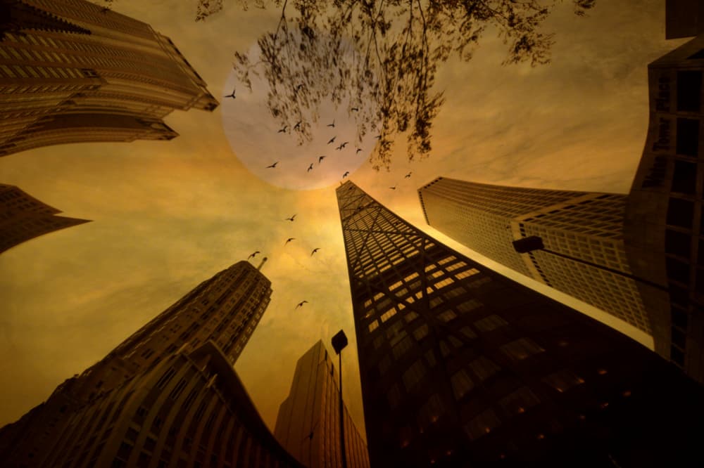 Golden City Moon Flight by Robert Fabrowski — canvas wall art