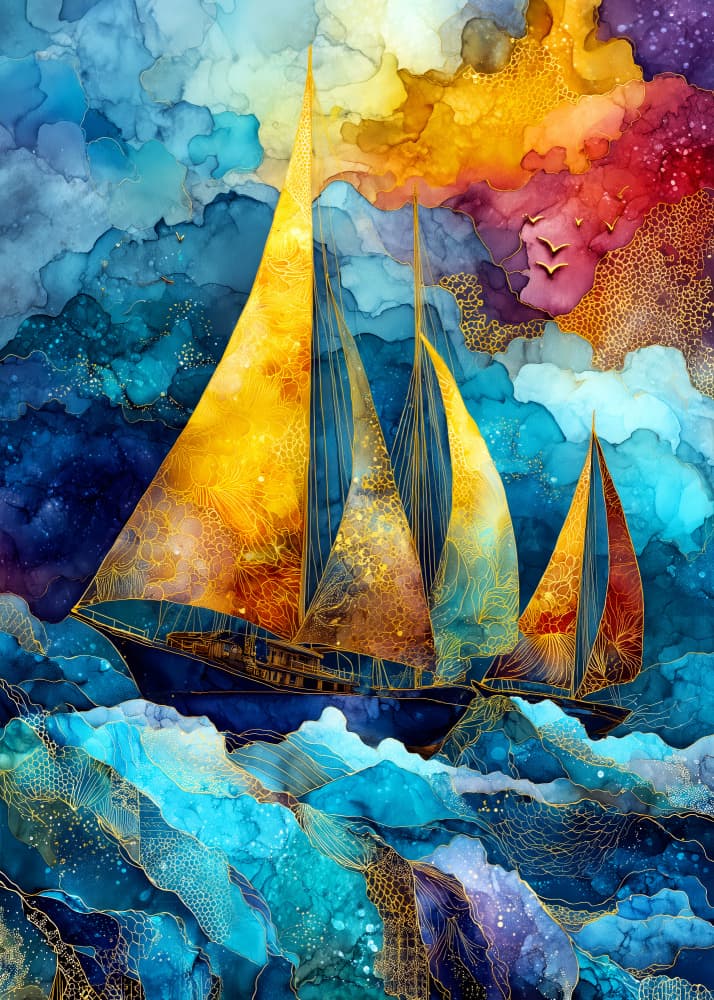 Golden Sails on Vibrant Sea by Justyna Jaszke — canvas wall art