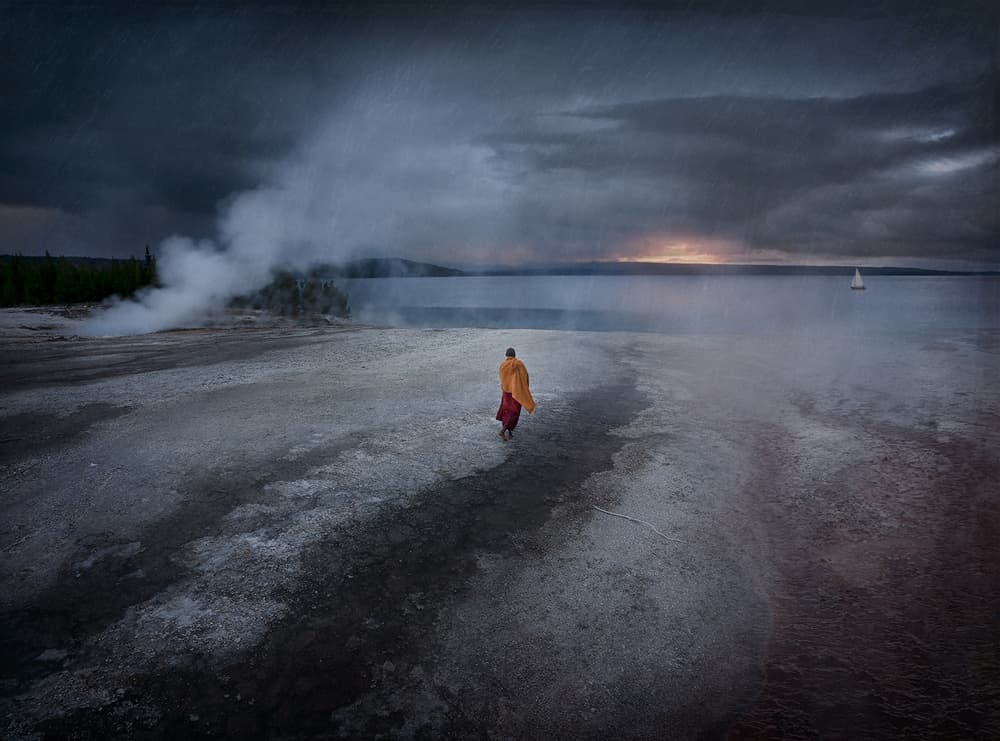 Monk By Steaming Lake by Shenshen Dou — canvas wall art