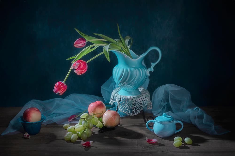 Elegant Tulips and Fruit by Lydia Jacobs — canvas wall art