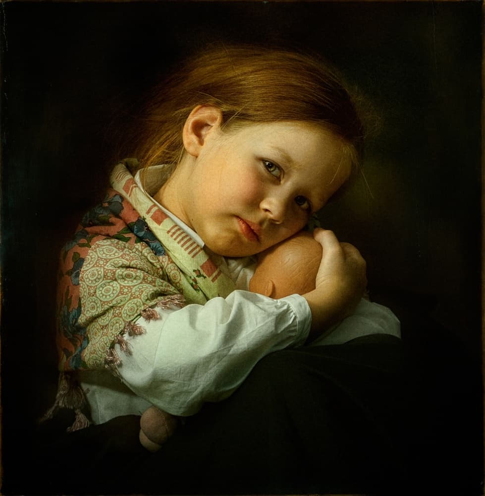 Pensive Girl With Doll by Svetlana Melik-Nubarova — canvas wall art