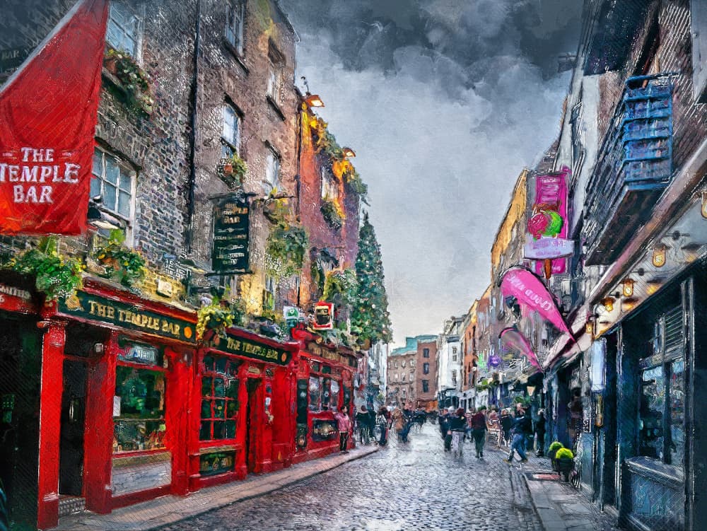 Dublin Pub Street Evening by Justyna Jaszke — canvas wall art