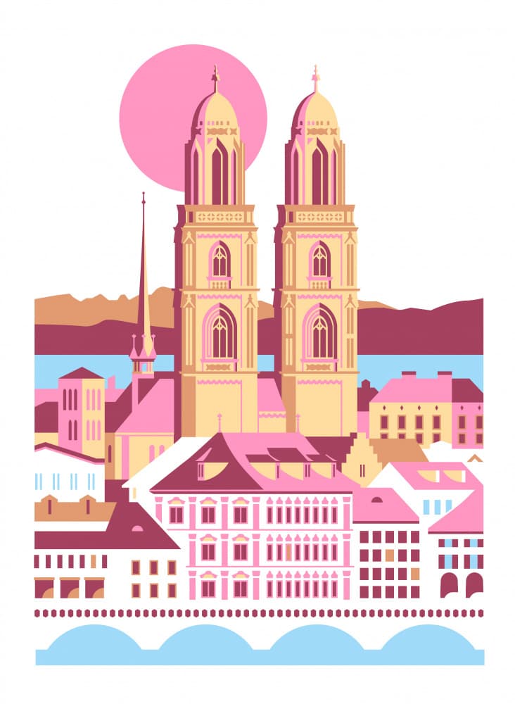 Vibrant Zurich Cityscape by Tetiana Kava Illustration — canvas wall art