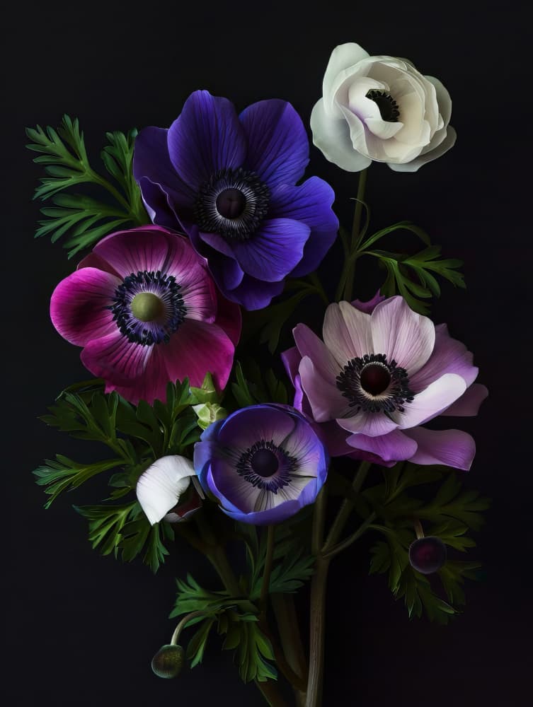 Vibrant Anemones on Black by Bilge Paksoylu — canvas wall art