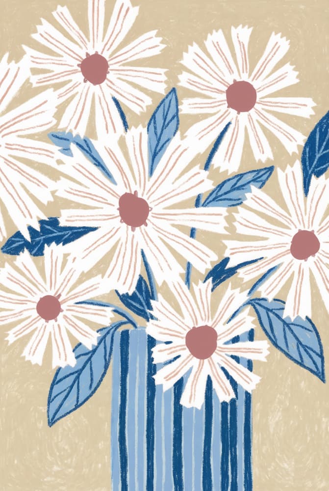 Daisies In Blue Vase by Melloi Art Prints — canvas wall art