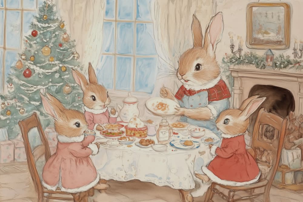 Festive Rabbit Family Dinner by Melloi Art Prints — canvas wall art