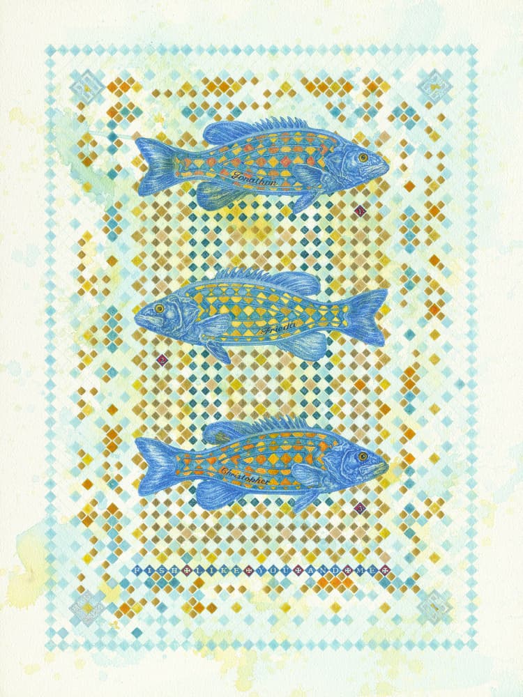 Three Blue Fish Pattern by Dobri Gjurkov — canvas wall art