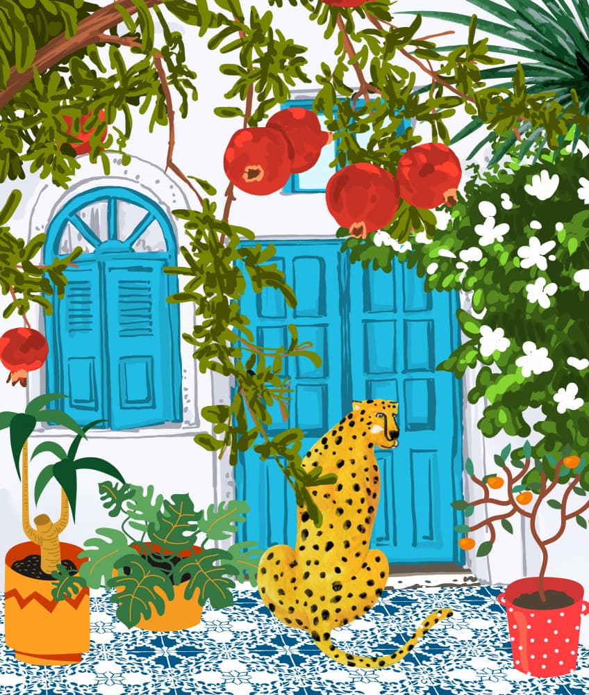 Cheetah Blue Door Pomegranates by Uma Gokhale — canvas wall art