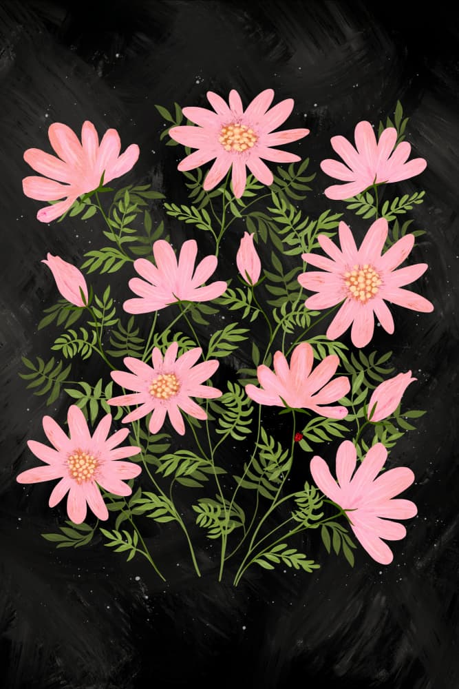 Pink Flowers on Black by EMELIEmaria — canvas wall art