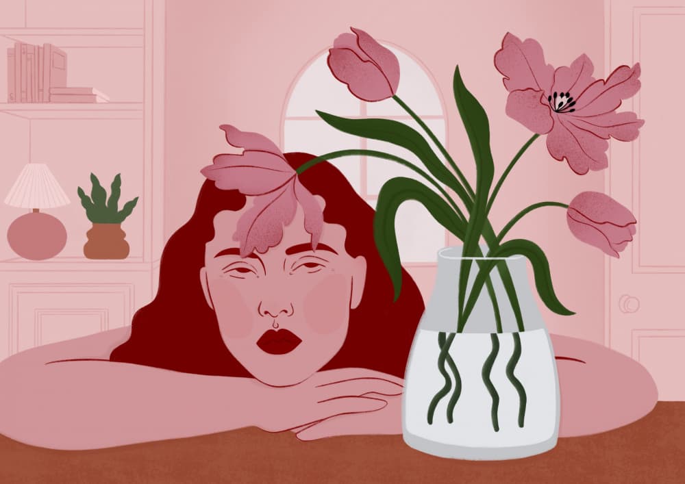 Pensive Woman and Tulips by Ida Alvarsson — canvas wall art
