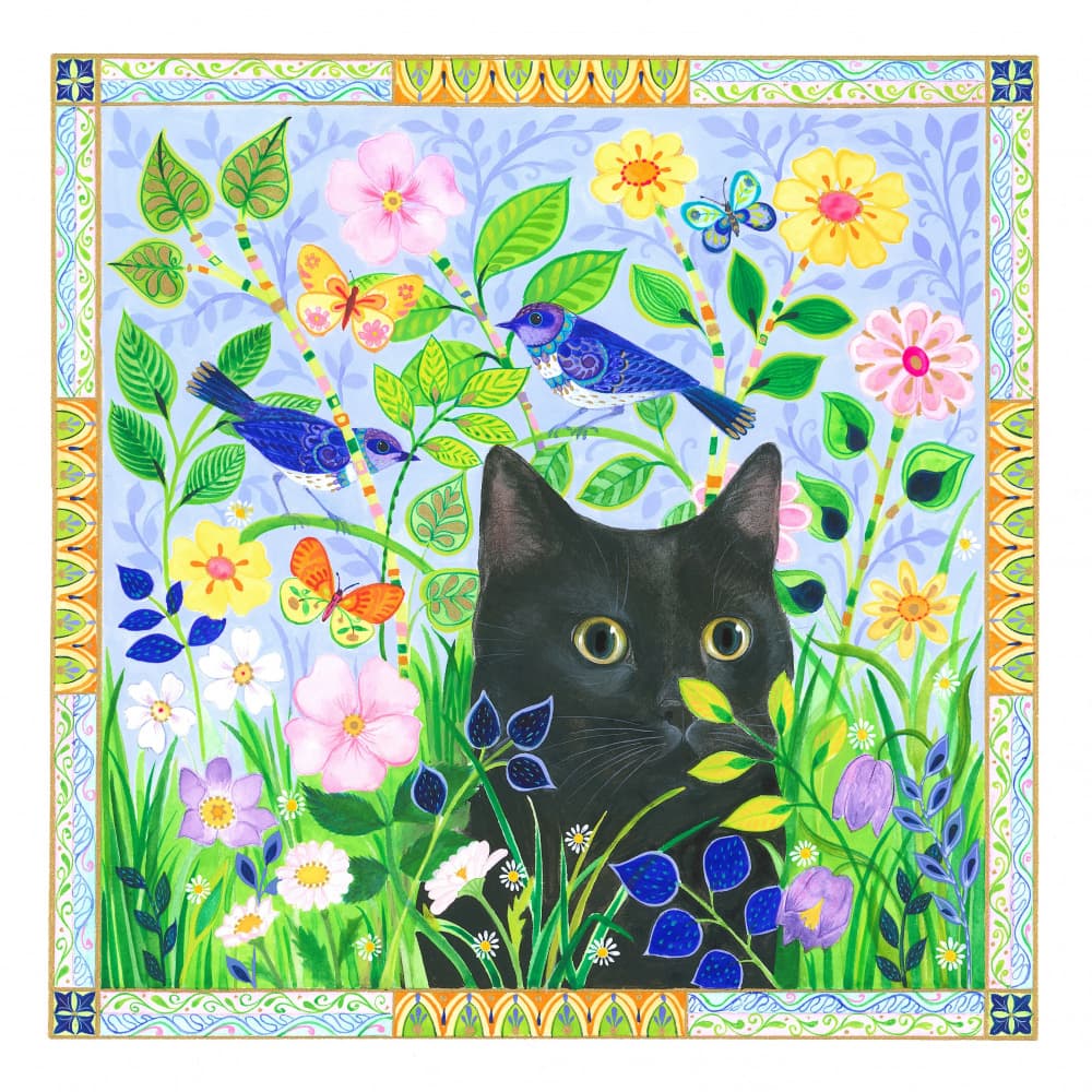 Black Cat In Jewelled Garden by Isabelle Brent — canvas wall art