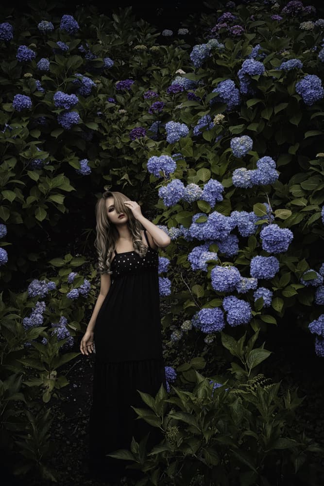 Mysterious Woman Blue Hydrangeas by KOIKI — canvas wall art