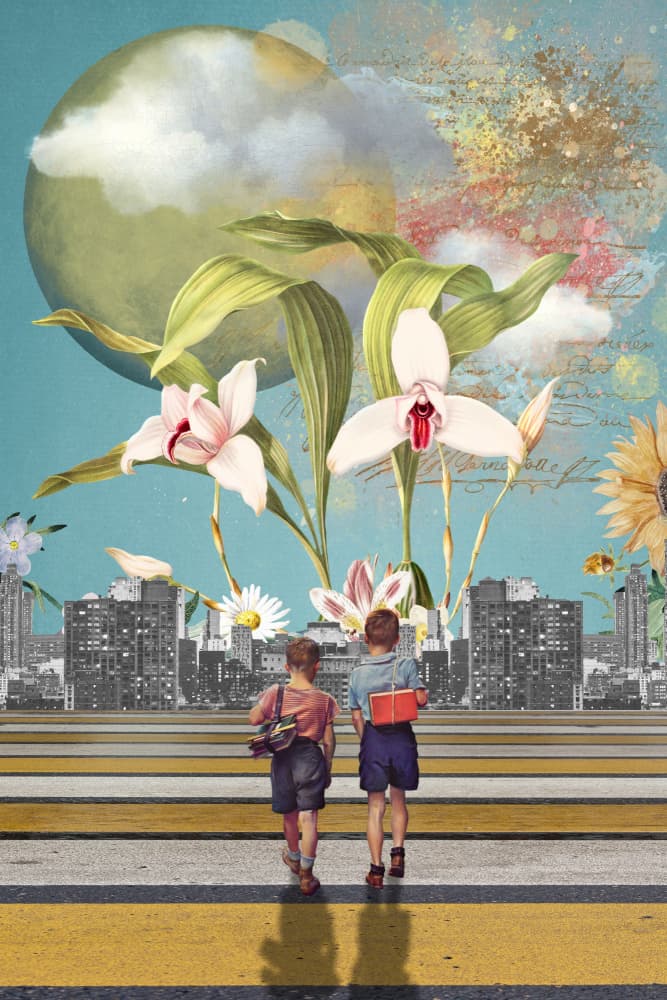 Boys Crossing Fantasy City by Marja van den Hurk — canvas wall art