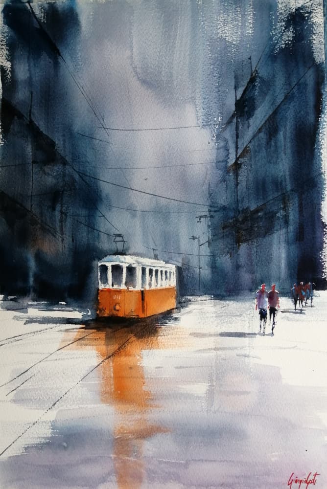 Orange Tram City Rain by Giorgio Gosti — canvas wall art