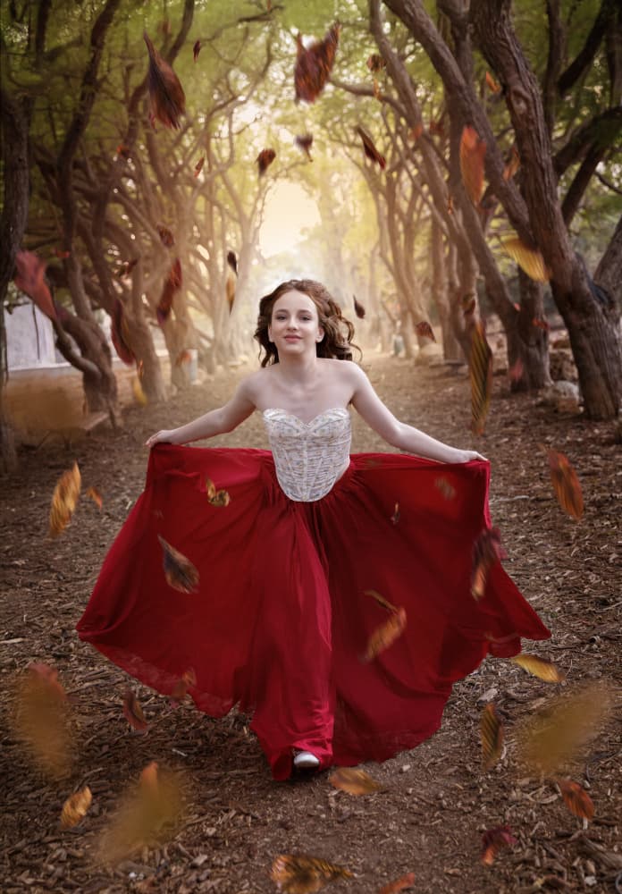 Falling Leaves Red Dress by Sharon Levy — canvas wall art
