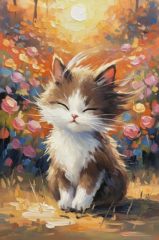 Peaceful Cat in Flowers by HUGO — canvas wall art