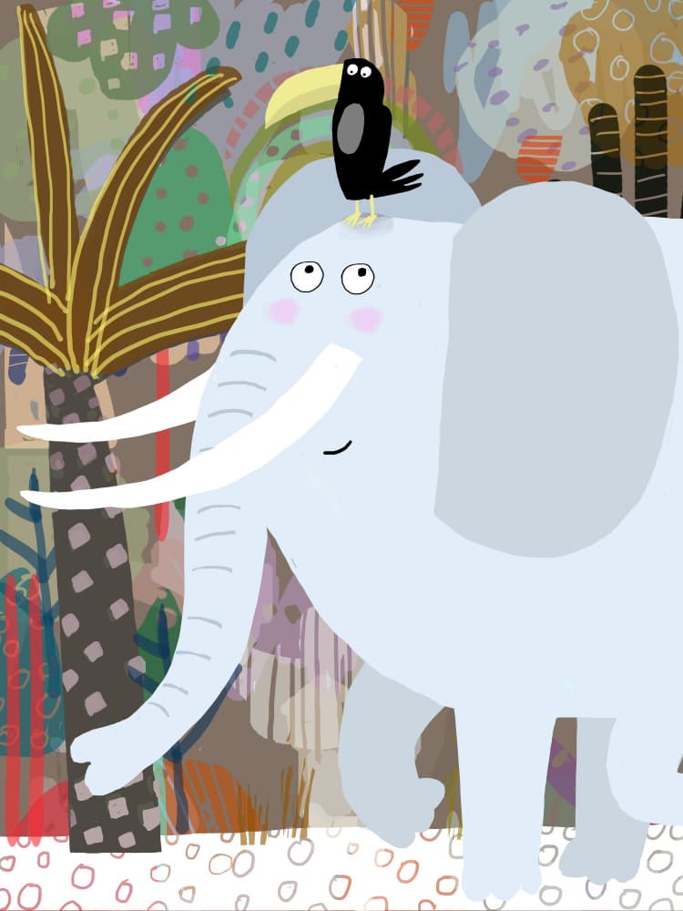 Whimsical Elephant and Bird by Carla Daly — canvas wall art