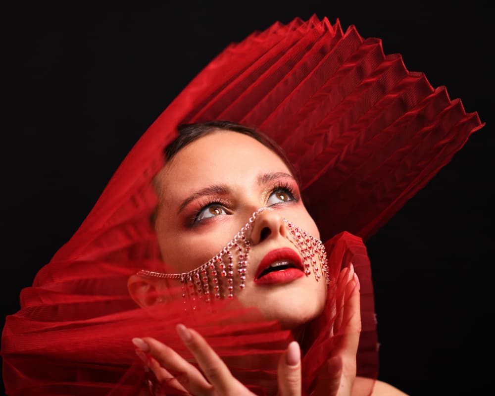 Dramatic Red Veil Portrait by Yoram GIL — canvas wall art