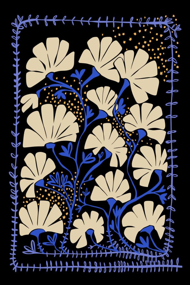 Elegant Blue Gold Blooms by Annick — canvas wall art