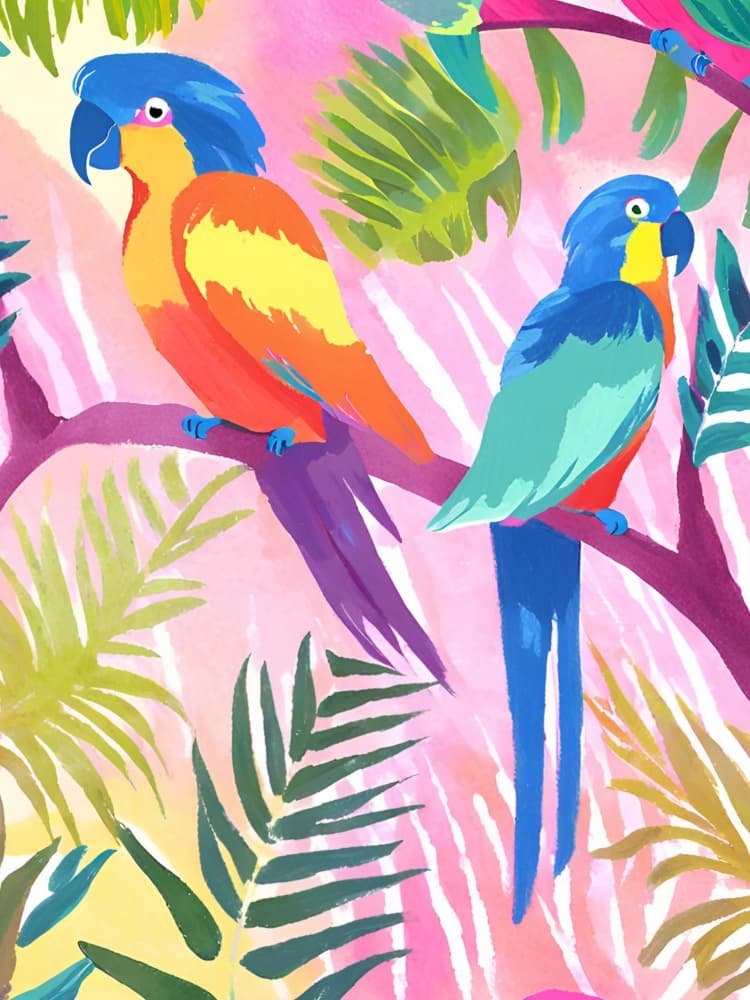 Vibrant Jungle Macaws by Ohkimiko — canvas wall art
