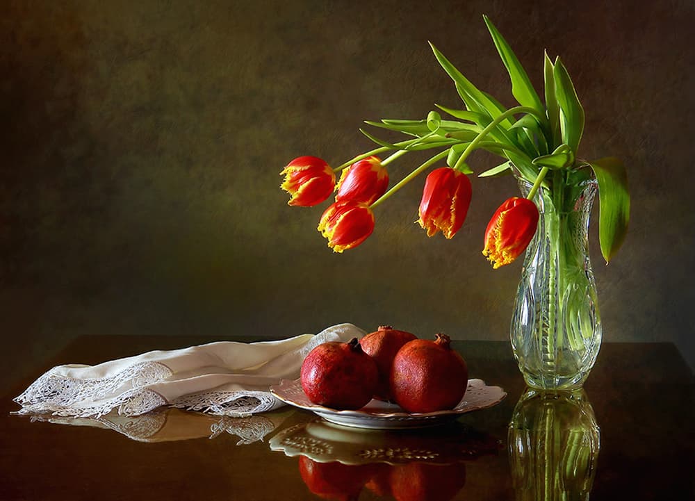Red Tulips and Pomegranates by Tatyana Skorokhod — canvas wall art