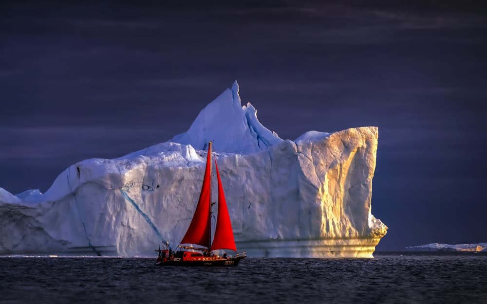 Red Sailboat Arctic Sunset by Raymond Ren Rong Liu — canvas wall art